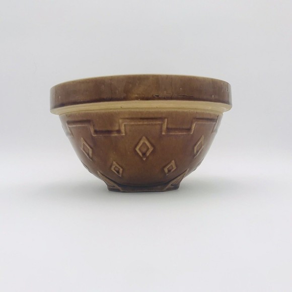 Monmouth Western Stoneware Crock Mixing Bowl 1940s Diamond Brown MCM VTG - Picture 2 of 9